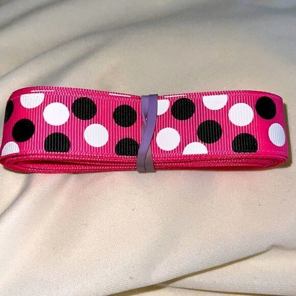 Grosgrain Ribbon 7/8” 5 yards NEW Minnie Mouse black white hot pink polka dots - Picture 2 of 7